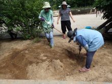 花壇の土をかき寄せて模様の土台をつくる様子。