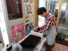 ポット上げ用の土を詰めている様子