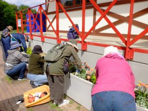 リリートレイン駅舎前の花壇に花苗を植えこんでいる様子