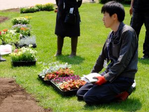 苗の説明をする竹中職員