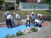 狸二条広場コンテナ花植えの様子