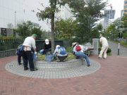 9月18日の植物ボランティアで円形桝の除草をする様子