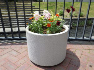 花が植えられた狸二条広場のたる小コンテナの写真