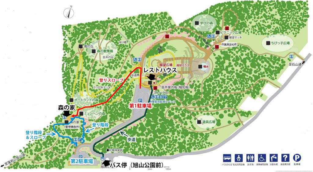 森の家とレストハウスへのルート図（徒歩）