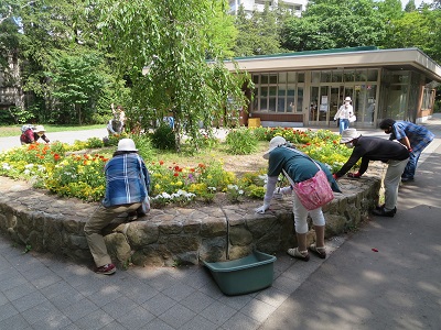 円形花壇で実習している様子