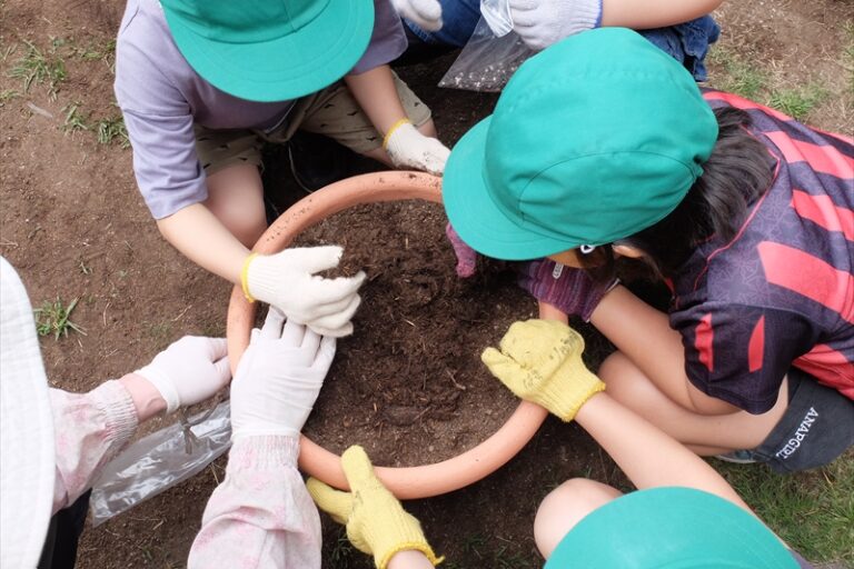 土に堆肥と肥料を混ぜている