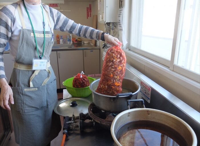 マリーゴールドの染液を作っている