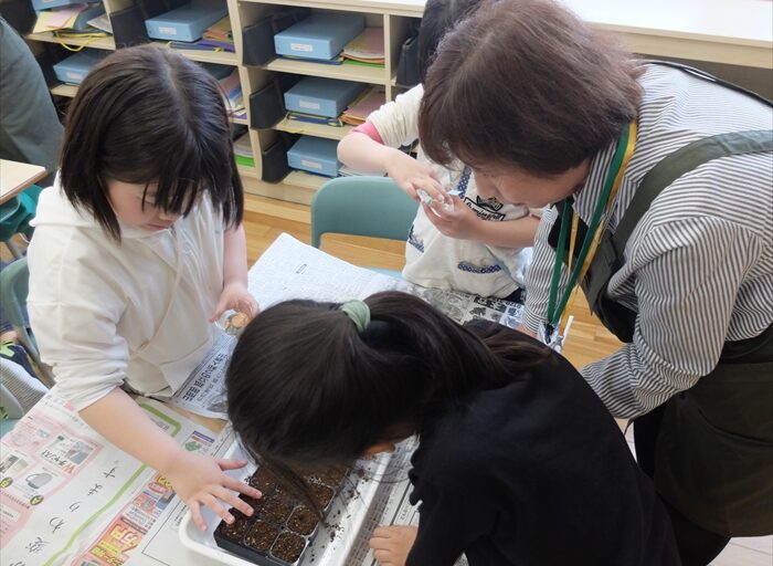 種まきを教えている