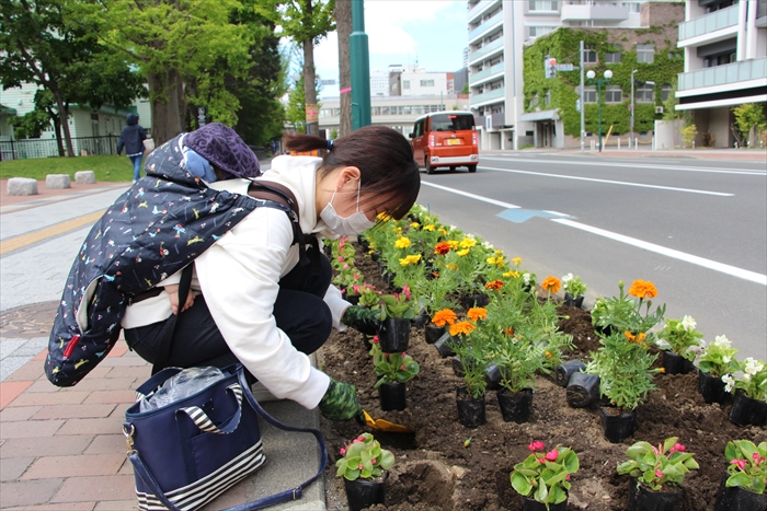 おんぶをして苗植えをしている