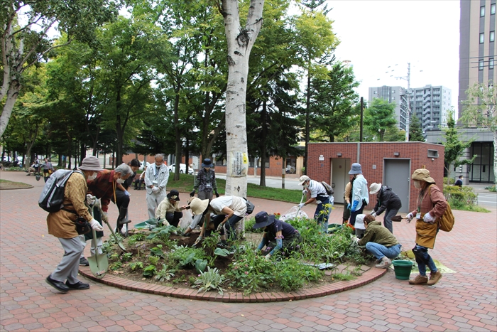 花壇の株分け実習の様子