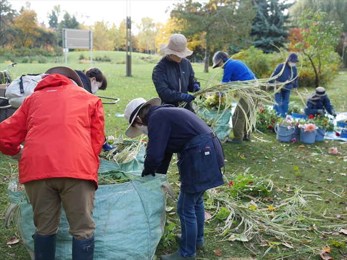 花壇の方付の最中
