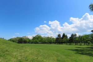 青空と白い雲が映える芝生の広場の写真