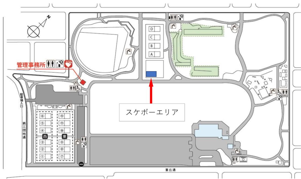 スケボーエリアの位置図。スケボーエリアは4面テニスコートのそばにある。