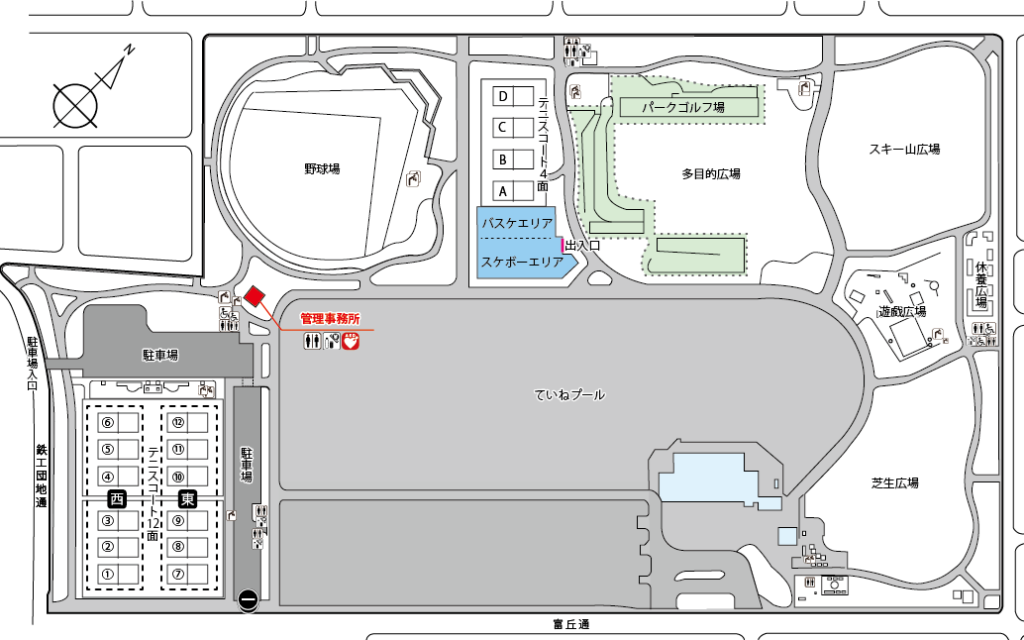 園内のスケボーバスケエリアの位置図