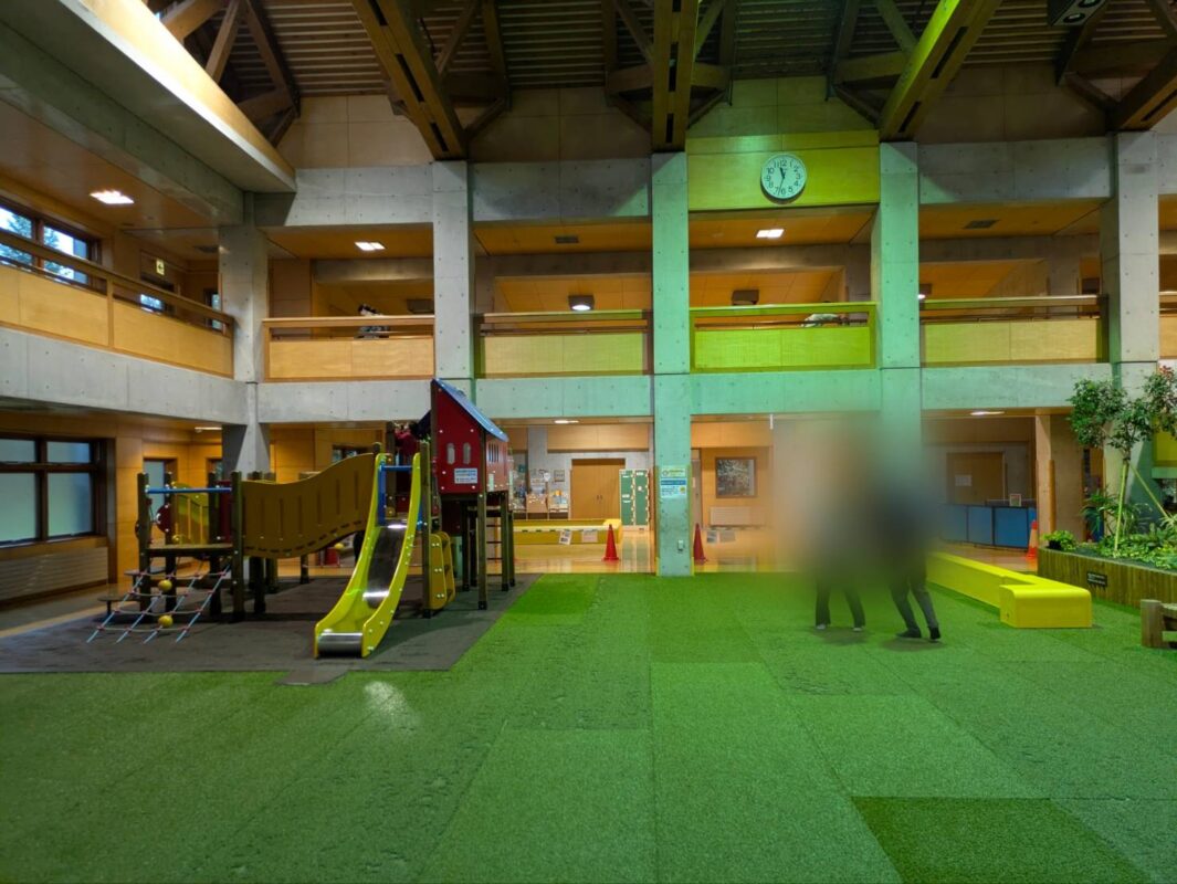 屋内遊戯施設 人工芝の上に多目的遊具がある