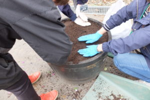 土を手で転圧している様子