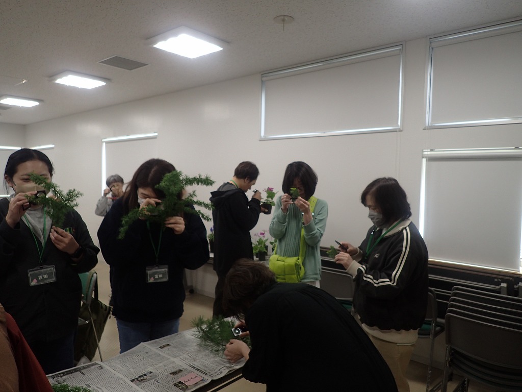 受講生が各々にルーペを使用し植物を観察している様子