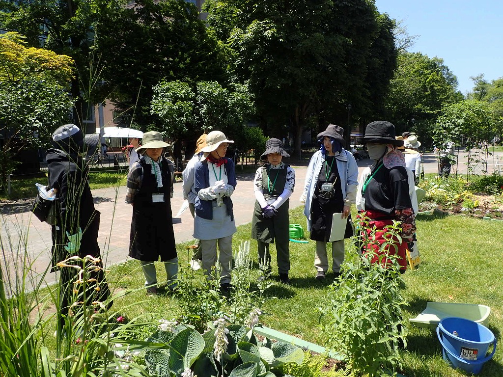 リラの会のメンバーが受講生に花壇の説明をする様子