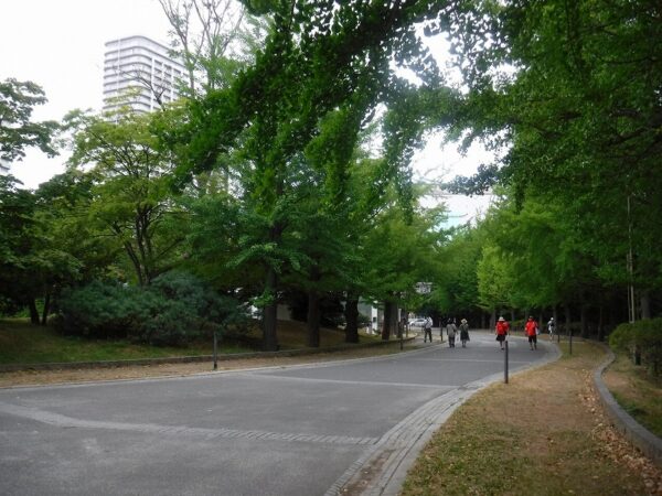 オリンピック関係者のユニファームを着た2名が、静かな園内を歩いている様子