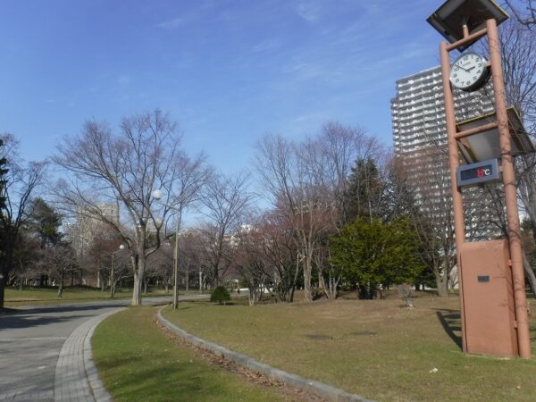 みどりに色付き始めた園内の芝生