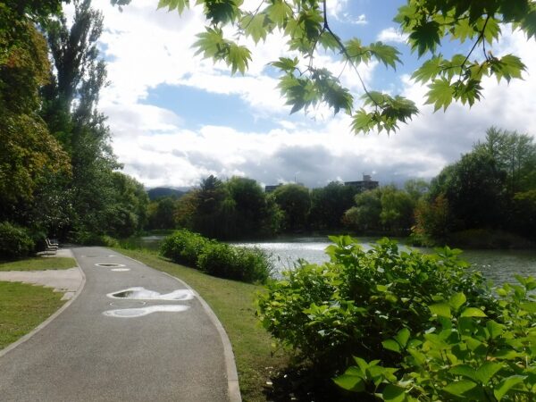 雲間に見える青空と菖蒲池