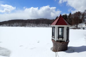 氷と雪に覆われた水源地と取水塔
