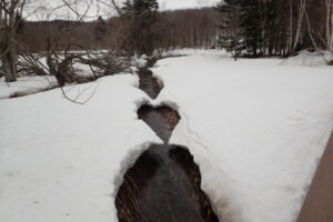 雪の下から川が見えてきた
