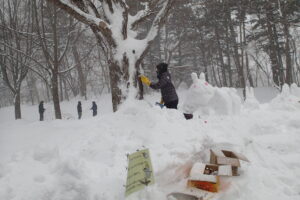 木の幹に雪で生きものの形に雪を張り付けているボランティアさん