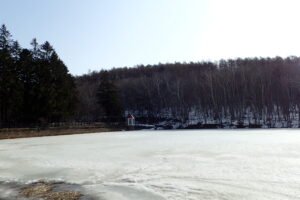 凍った池と赤い屋根の取水塔