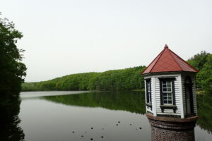 池と緑の森と赤い屋根の取水塔