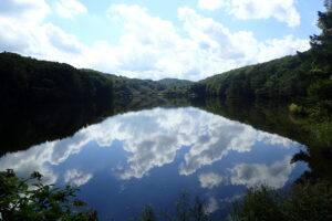 水鏡になって空の雲が映った青い池