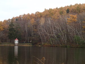 池と赤い屋根の取水塔