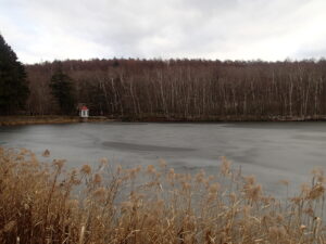 凍った池と赤い屋根の取水塔