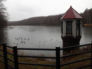 取水塔と薄氷の張った池