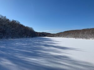 凍った池の雪の上には周りの樹木の影がが長く伸びている。