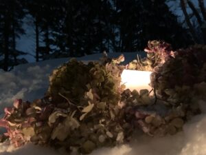 ドライフラワーで飾り付けられたスノーケーキ