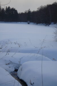雪に閉ざされた池と赤い屋根の取水塔
