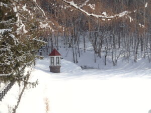雪の積もった池と赤い屋根の取水塔