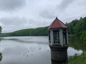 曇り空の下の池と赤い屋根の取水塔