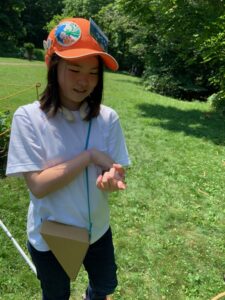 手にトンボをのせる子供