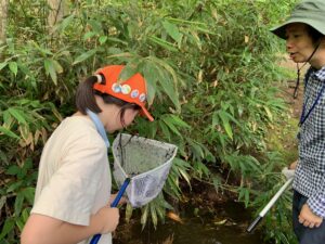 川の中でたも網をの中をのぞく女の子