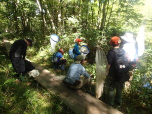 湿原で休憩する子どもたち