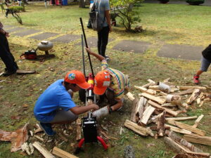 油圧の薪割り器で遊ぶ子供