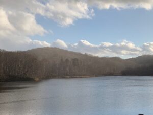 雪が降って池の景色がかすんでいる