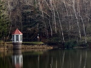 池と赤い屋根の取水塔