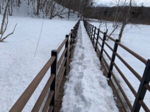 雪どけで歩きにくくなった木道