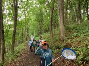 森の中へ入っていく親子