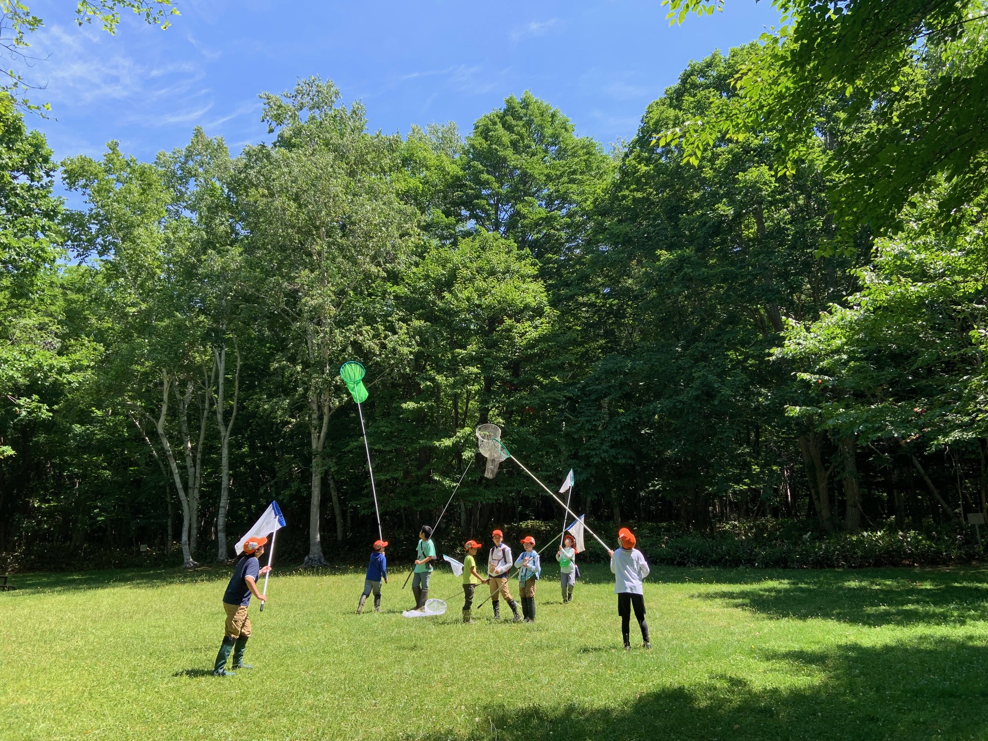 広場でトンボを網に入れようとしている子供たち