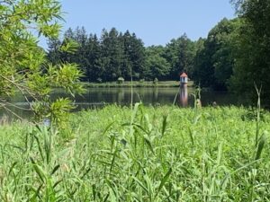 池と赤い屋根の取水塔