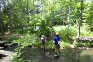 川に入って網を振る子供